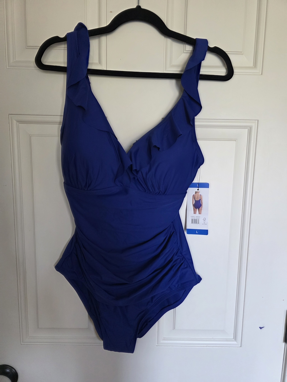 DKNY Navy Ruffled V‑Neck One‑Piece Swimsuit - Picture 3 of 4